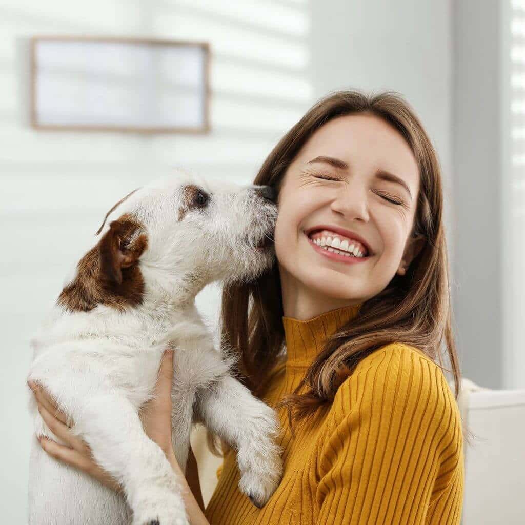 equity dog licking woman's face
